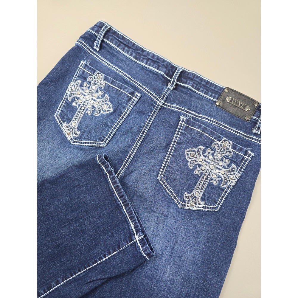 Luxe Women Dark Wash Contrast Stitch Cross Embellished Jeans 31/12 Y2K Western